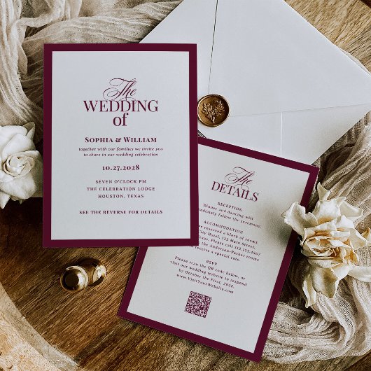 Faire-part de mariage formel en bordeaux | Code QR