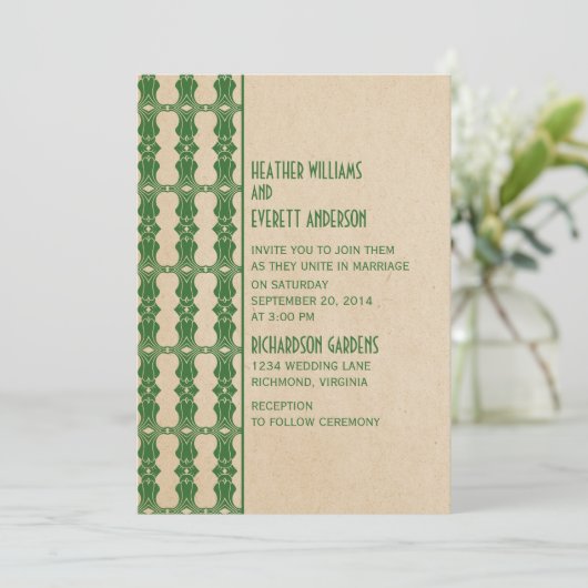 Faire-part de mariage frontalier Art déco vert (Debout devant)