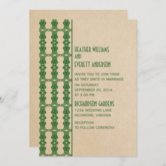 Faire-part de mariage frontalier Art déco vert (Devant / Derrière)