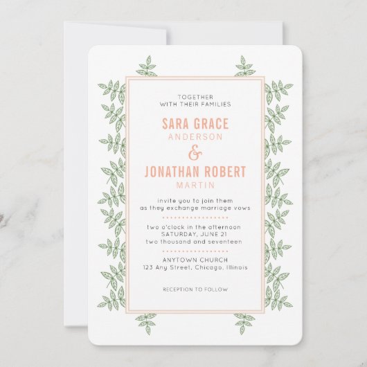 Faire-part de mariage frontalier corail Feuille ve (Devant)