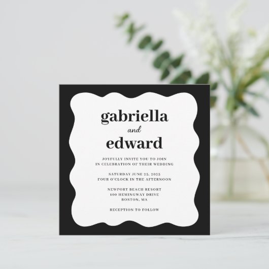 Faire-part de mariage frontalier moderne blanc noi (Debout devant)