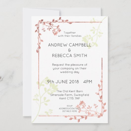 Faire-part de mariage frontalier rose Feuilles d'o (Devant)