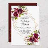 faire-part de mariage géométrique bordeaux et or. (Devant / Derrière)