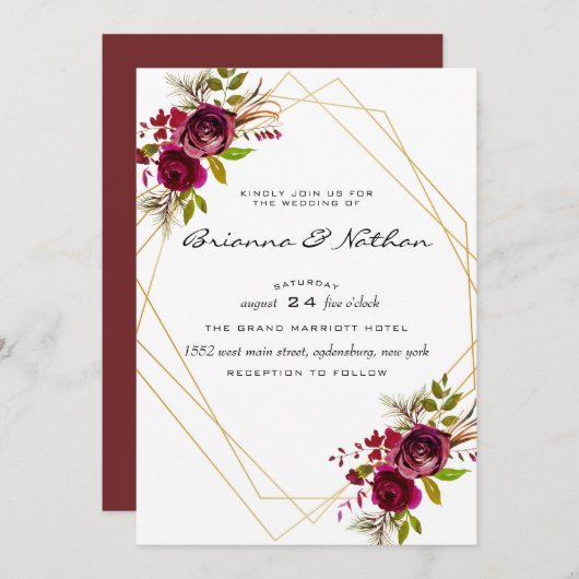 Faire-part de mariage géométrique de Bourgogne (Devant / Derrière)