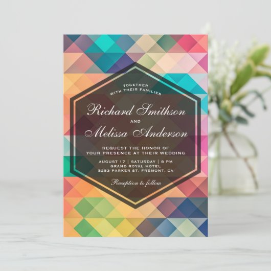 Faire-part de mariage géométrique en mosaïque vive (Debout devant)