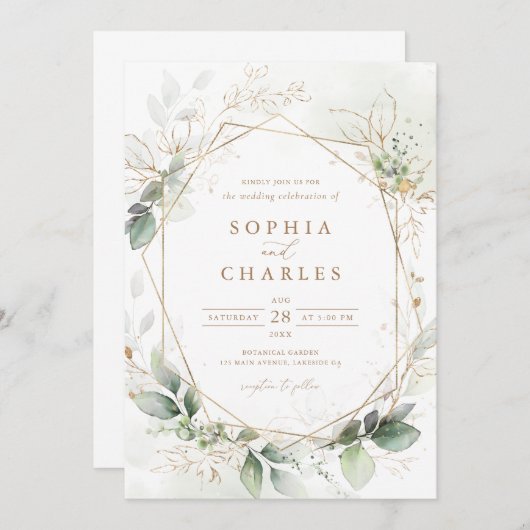 Faire-part de mariage géométrique Feuille d'or ver (Devant / Derrière)