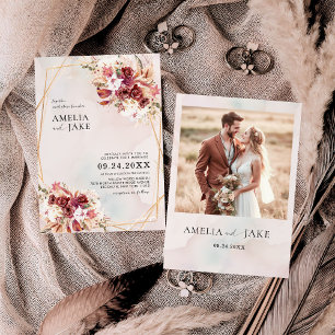 Faire-part de mariage géométrique floral bordeaux 