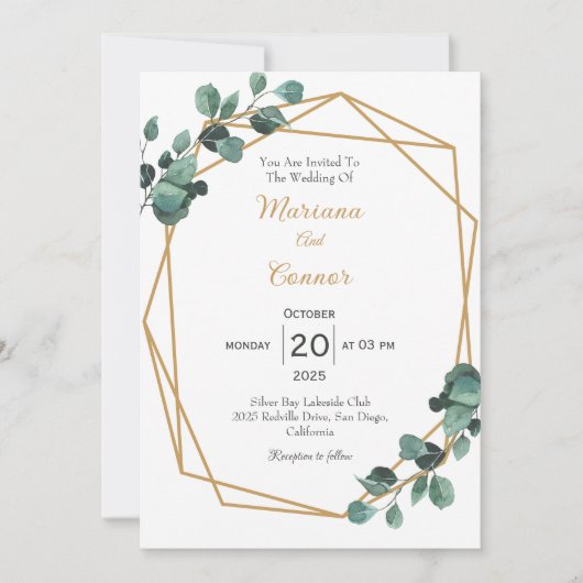 Faire-Part de Mariage Géométrique Or à Verdure Mod (Devant)