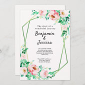 Faire-part de mariage géométrique rose et vert Flo (Devant / Derrière)