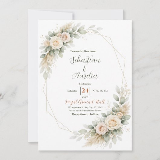 Faire-part de mariage géométrique vert et or (Devant)