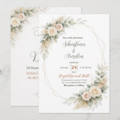 Faire-part de mariage géométrique vert et or (Devant / Derrière)