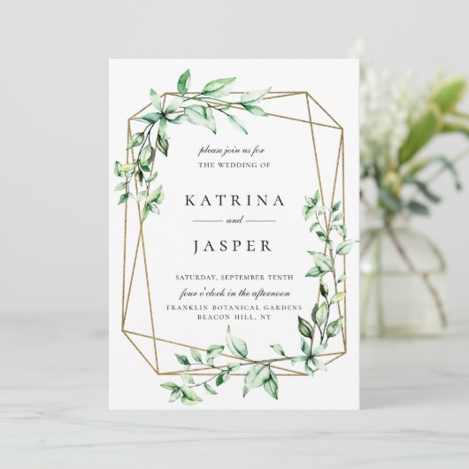 Faire-part de mariage géométrique vert or (Debout devant)