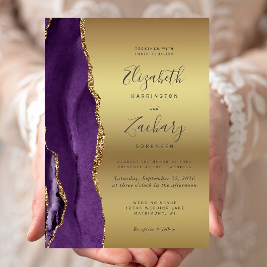 Faire-part de mariage glamour en agate or violet