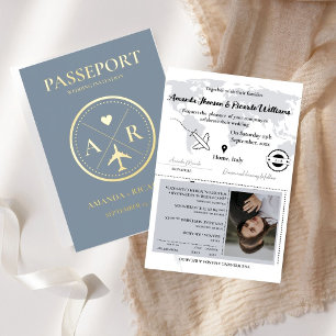 Faire-part de mariage Gold & Dusty Blue Passport