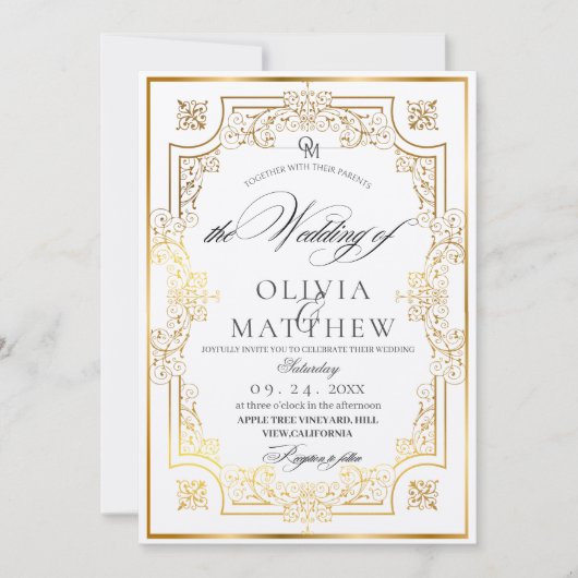 Faire-part de mariage Gold & Emerald Green Script (Devant)