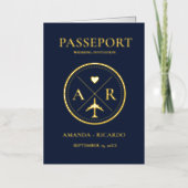 Faire-part de mariage Gold et Navy Blue Passport (Recto)