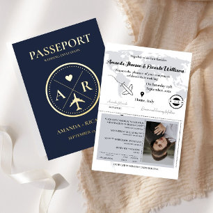 Faire-part de mariage Gold et Navy Blue Passport