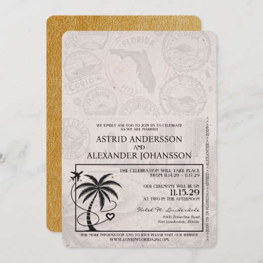 Faire-part de mariage Gold Florida Passport (Devant / Derrière)