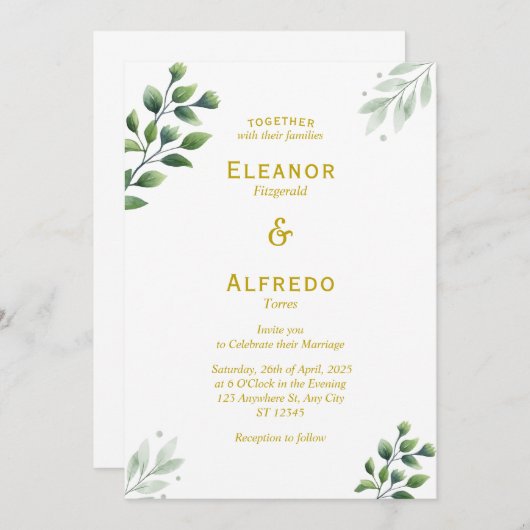 Faire-part de mariage Gold Greenery (Devant / Derrière)