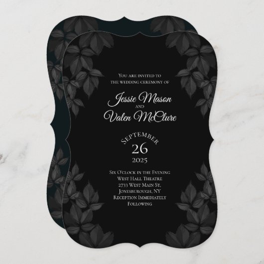 Faire-part de mariage gothique Feuille noir (Devant / Derrière)