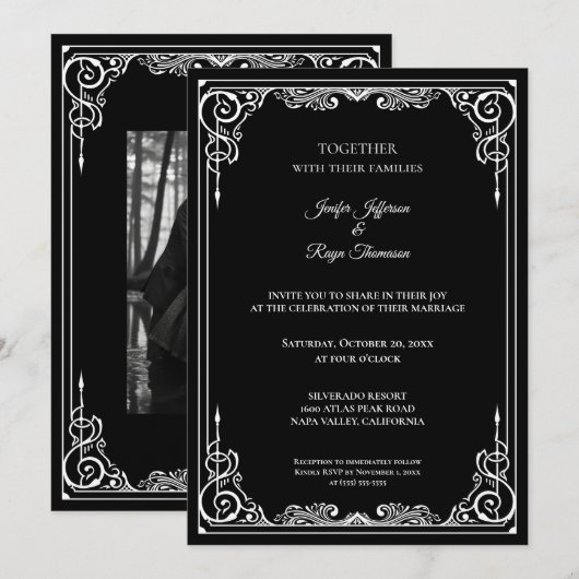 Faire-part de mariage gothique noir et blanc éléga (Devant / Derrière)