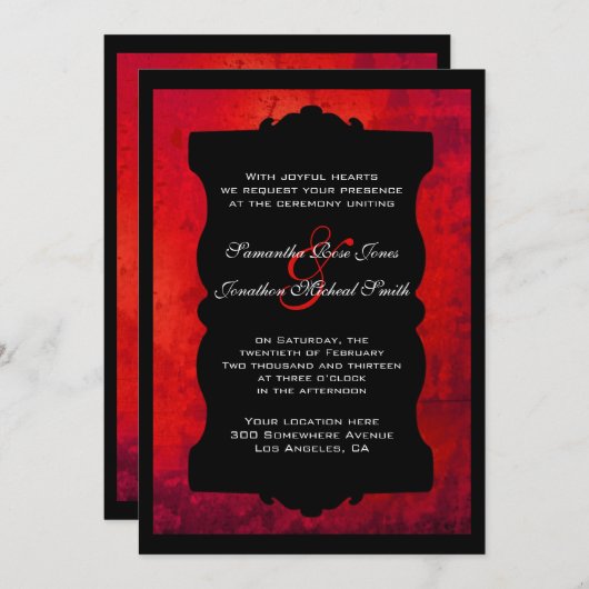 Faire-part de mariage gothique noir rouge débrayé (Devant / Derrière)