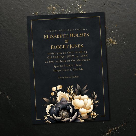Faire-part de mariage gothique Pivoine Noir & Or