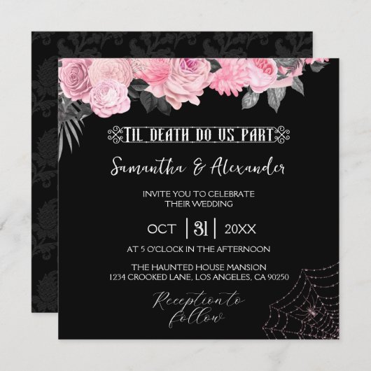 Faire-part de mariage gothique rose et noir (Devant / Derrière)