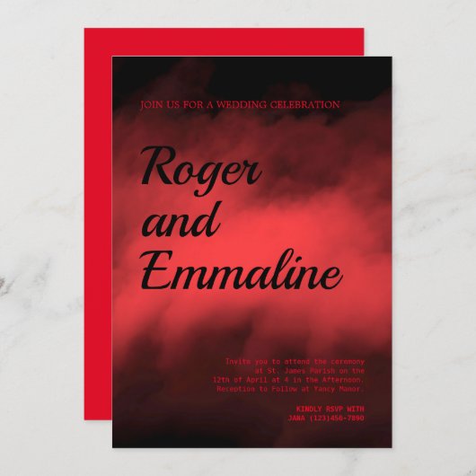 Faire-part de mariage gothique rouge et noir (Devant / Derrière)