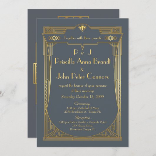 Faire-part de mariage, Grand Gatsby, gris, or (Devant / Derrière)