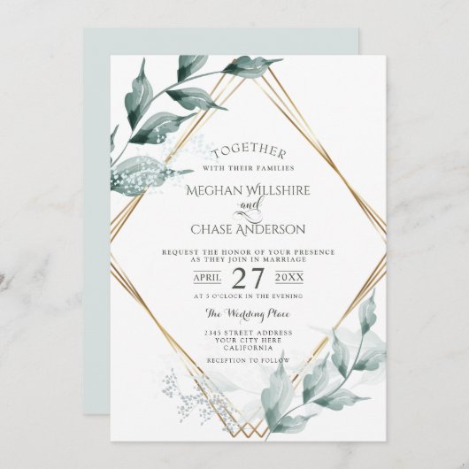 Faire-part de mariage | Grayed Jade Green Botanica (Devant / Derrière)