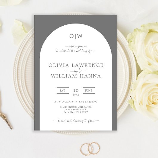 Faire-part de mariage gris argenté Monogram Arch