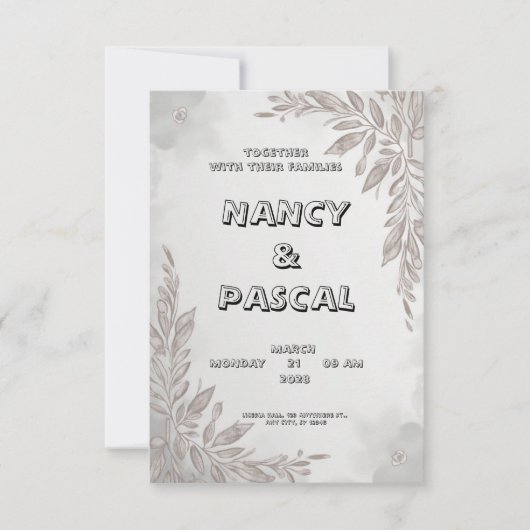 Faire-part de mariage gris avec éléments floraux (Devant)