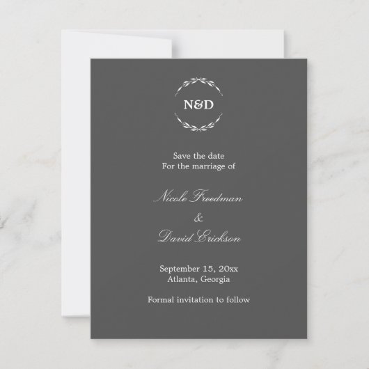 Faire-part de mariage gris avec monogramme de cour (Devant)