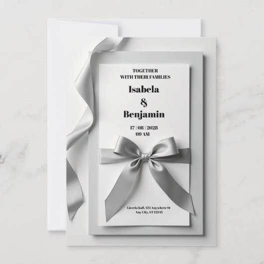 Faire-part de mariage gris avec ruban satiné (Devant)