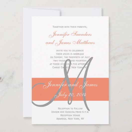 Faire-part de mariage gris corail| Noms des monogr (Dos)