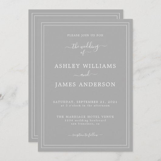 Faire-part de mariage gris de script chic (Devant / Derrière)