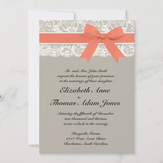 Faire-part de mariage gris et de corail de ruban (Devant)