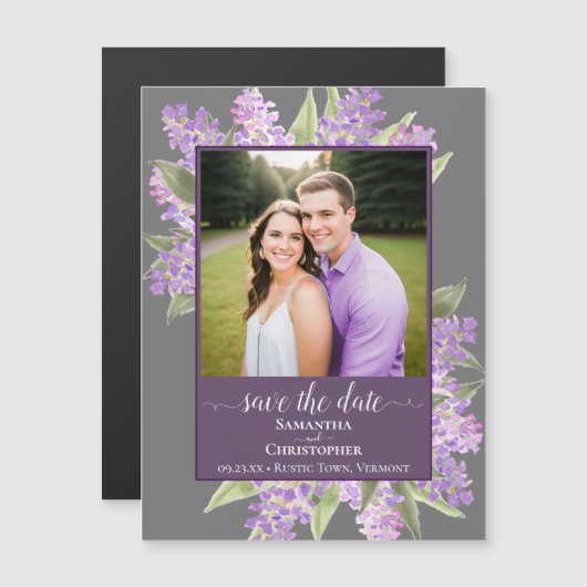 Faire-part de mariage gris et lilas rustiques avec (Devant / Derrière)