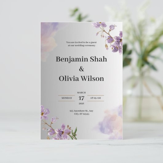 Faire-part de mariage gris et violet (Debout devant)