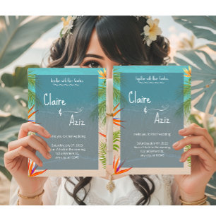 Faire-part de mariage gris tropical avec palmiers