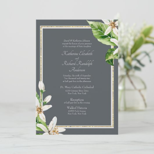 Faire-part de mariage grise de feuillage (Debout devant)