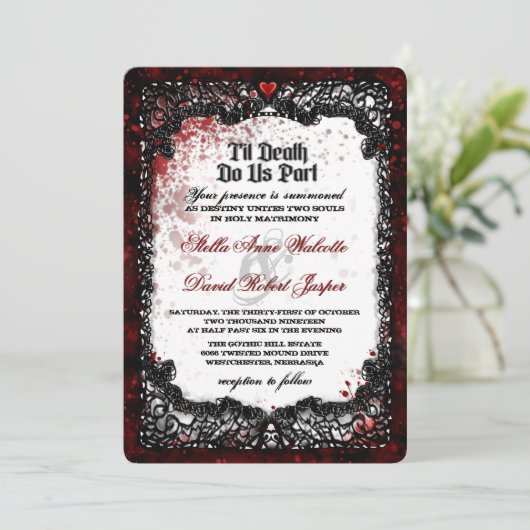 Faire-part de mariage Halloween avec éclaboussures (Debout devant)