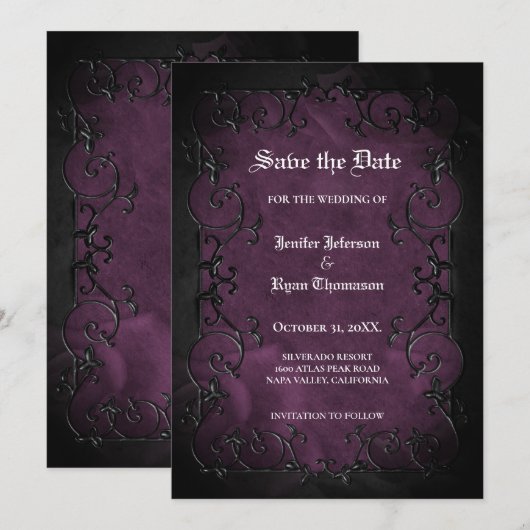 Faire-part de mariage Halloween gothique violet (Devant / Derrière)