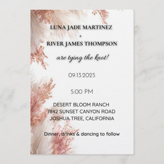 Faire-part de mariage Herbe de Pampas Rose Poussié (Devant)