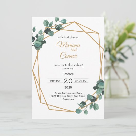 Faire-part de mariage Hexagon d'or verdoyant (Debout devant)