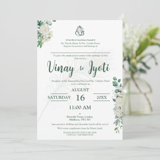 Faire-part de mariage hindou de fleurs vertes (Debout devant)