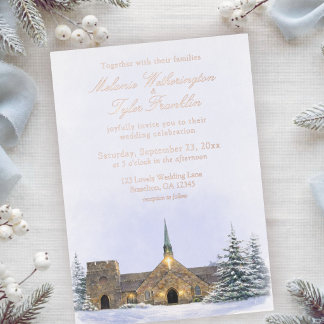Faire-part de mariage hivernal à la chapelle en pi