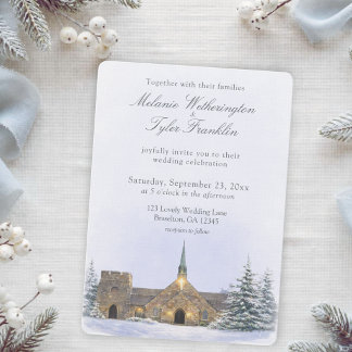 Faire-part de mariage hivernal à la chapelle en pi