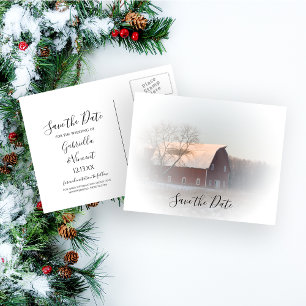 Faire-part de mariage hivernal de grange enneigée